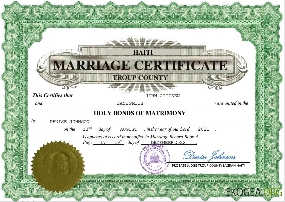 Modèle Word et PDF de certificat de mariage en Haïti